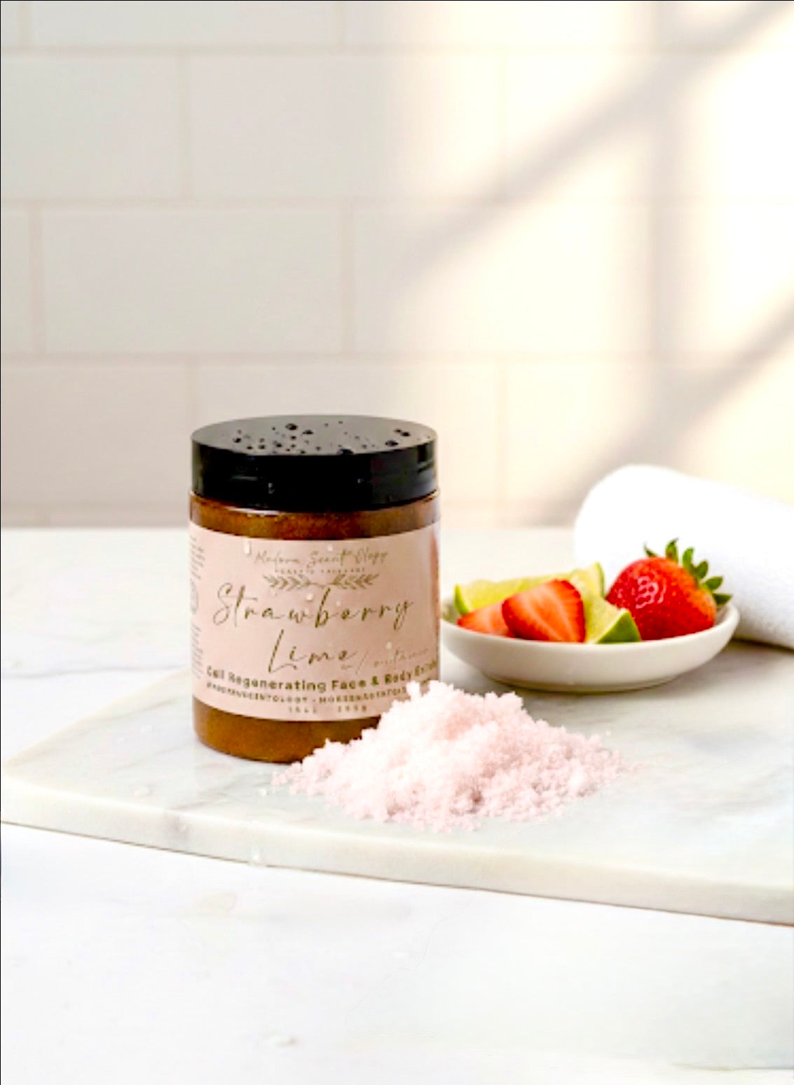 Strawberry Lime Body Scrub made with natural sugar exfoliants, vitamin C–rich strawberry extract, and lime essential oil for bright, glowing skin.