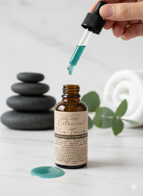 Hand holding a dropper with blue liquid over a bottle labeled 'Botanical Blue Tansy' on a neutral background.