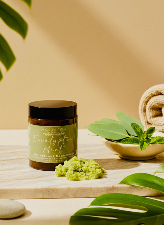 Eucalyptus Mint Body Scrub with spirulina made with natural sugar exfoliants, delivering a refreshing, spa-like exfoliation for smooth, revitalized skin.