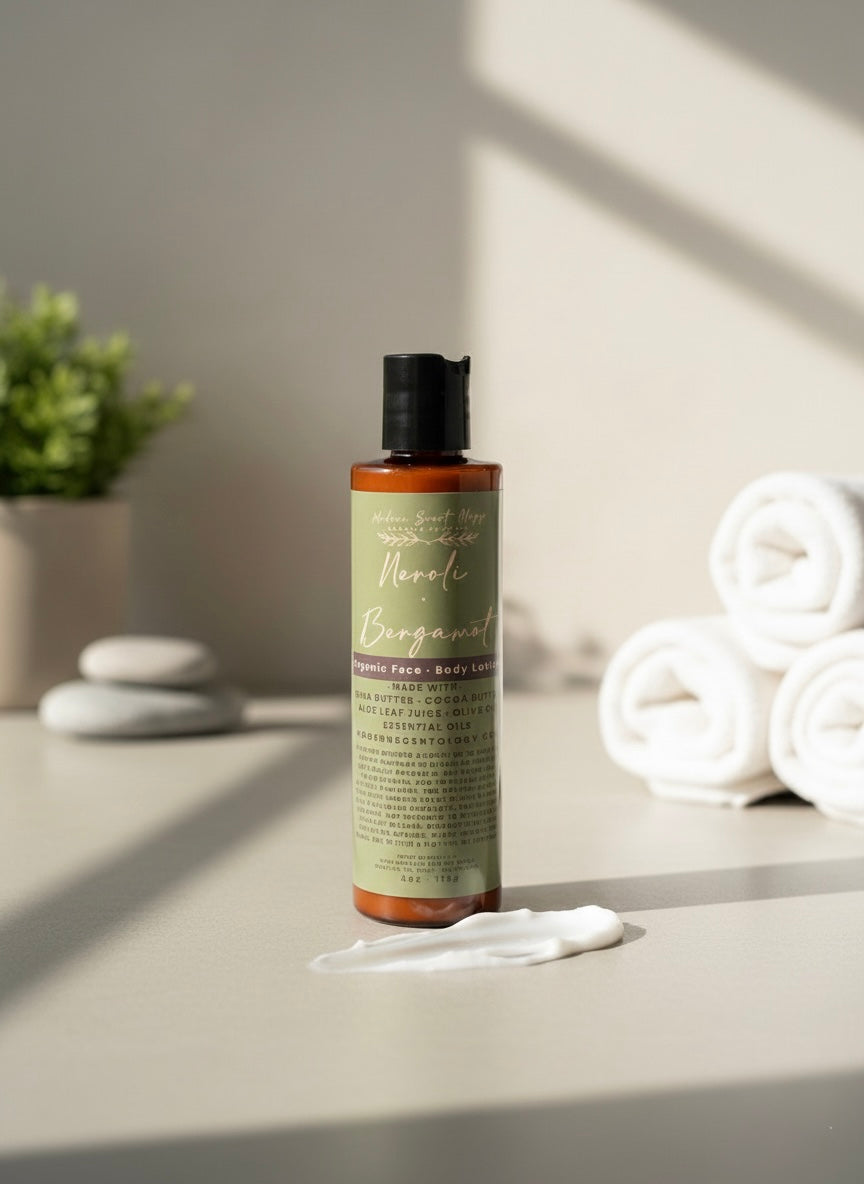 Neroli & Bergamot Lightweight Body Lotion in a bottle on a neutral background, made with aloe, shea butter, and cocoa butter. Fast-absorbing formula designed for silky hydration and a fresh citrus-floral scent