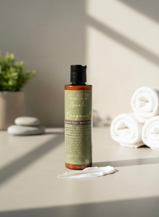 Neroli & Bergamot Lightweight Body Lotion in a bottle on a neutral background, made with aloe, shea butter, and cocoa butter. Fast-absorbing formula designed for silky hydration and a fresh citrus-floral scent