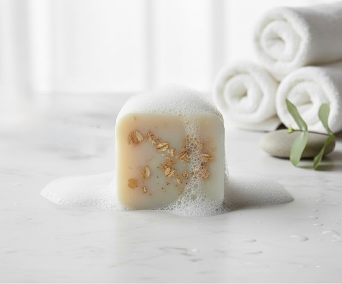 Oatmeal Lavender handcrafted soap bar made with real oats and colloidal oatmeal, designed for sensitive and eczema-prone skin, producing a rich creamy lather