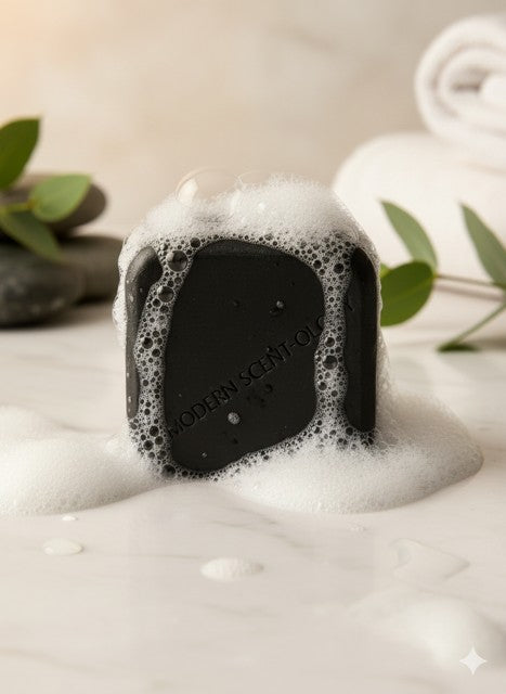 Tea Tree Charcoal handcrafted soap bar formulated for oily and acne-prone skin, featuring activated charcoal and tamanu oil with a rich luxury lather