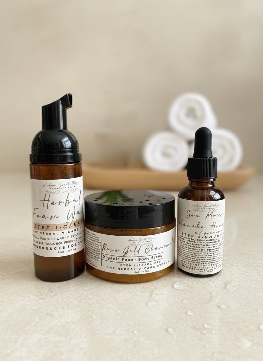 Modern Scentology Vcare System displayed on a neutral background, featuring an all-natural feminine care set with coordinating bottles and jars designed for gentle daily cleansing, soothing hydration, and intimate skin wellness.