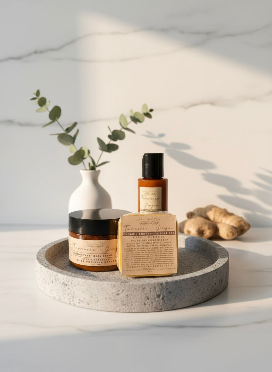 Turmeric & Ginger Radiance Renewal Set: three luxury body care products arranged on a neutral background. Includes a handcrafted cleansing soap, an exfoliating scrub, and a hydrating lotion, all infused with turmeric, ginger, and sweet orange essential oils.