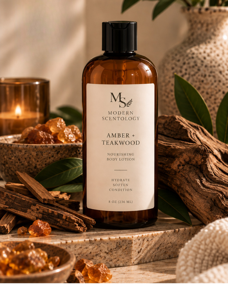 Amber and Teakwood nourishing body lotion by Modern ScentOlogy for soft, moisturized skin with a warm sophisticated fragrance