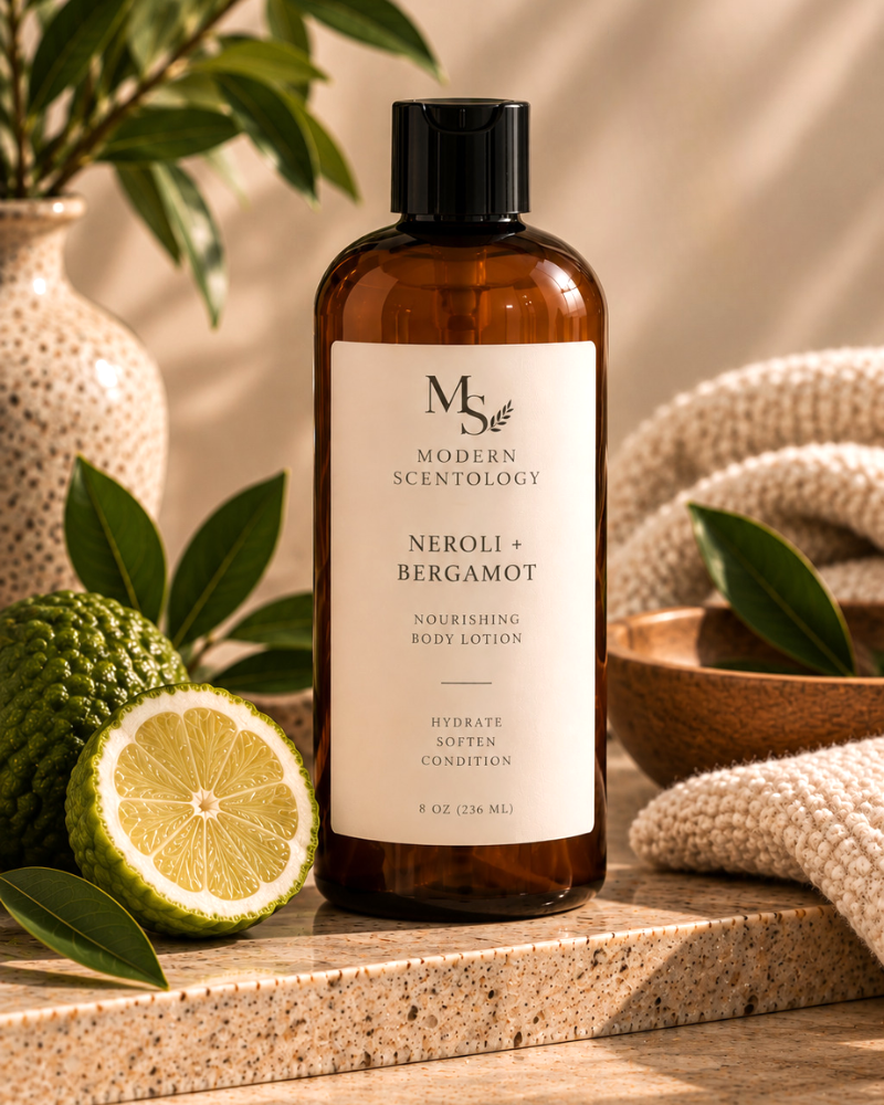 Neroli and Bergamot nourishing body lotion by Modern ScentOlogy for soft, moisturized skin with a fresh refined fragrance