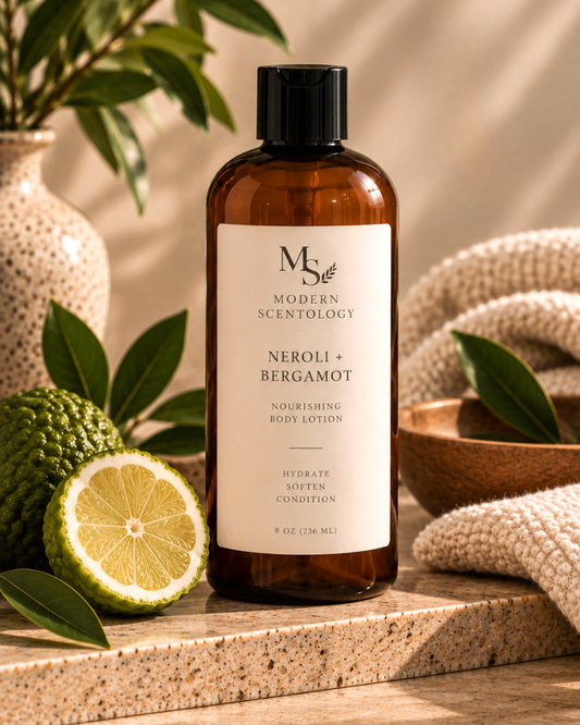 Neroli and Bergamot nourishing body lotion by Modern ScentOlogy for soft, moisturized skin with a fresh refined fragrance