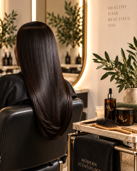 Signature Silk Press with long smooth hair and botanical hair care at Modern ScentOlogy
