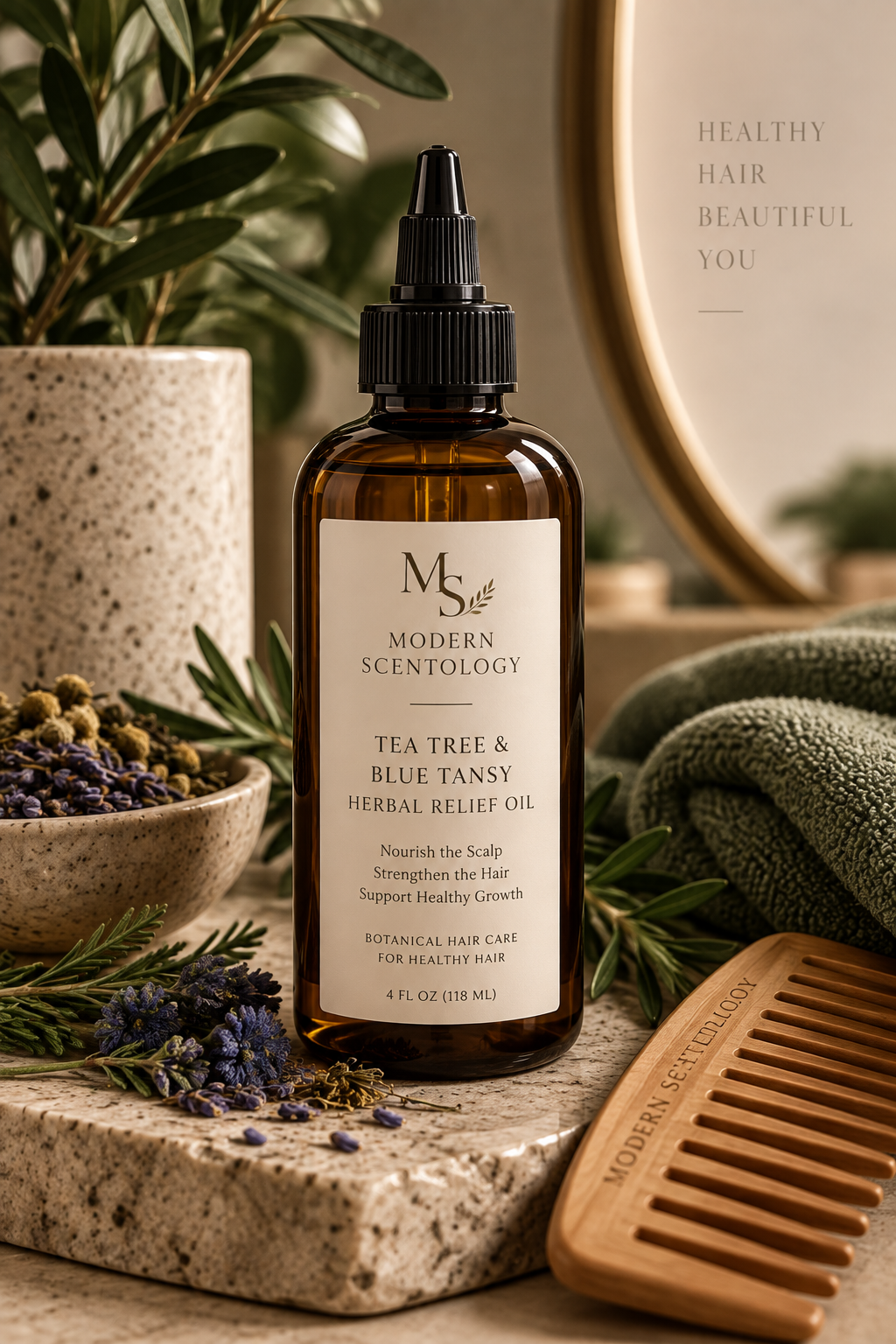 Tea Tree and Blue Tansy Herbal Relief Oil with botanical ingredients for scalp care by Modern ScentOlogy