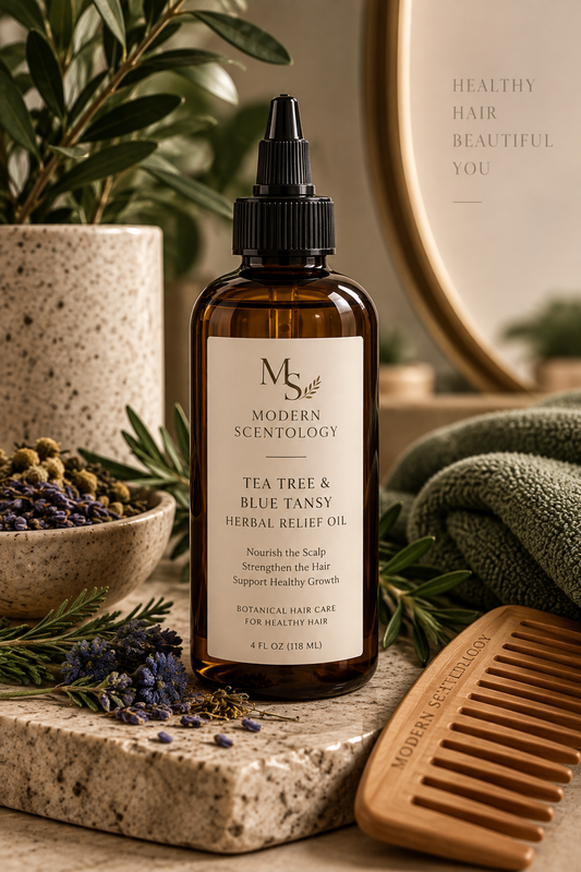 Tea Tree and Blue Tansy Herbal Relief Oil with botanical ingredients for scalp care by Modern ScentOlogy